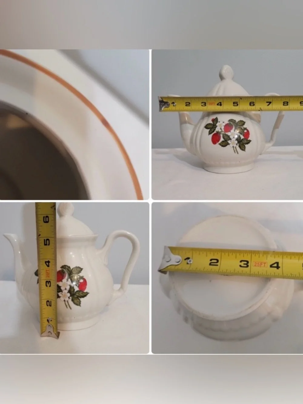 Strawberry Floral Ceramic Teapot With Lid White Small Cottagecore